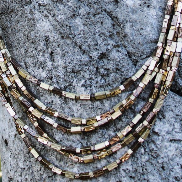 CHICO'S Multi-Strand Hammered Brass Bead Bib Necklace. - Picture 8 of 9